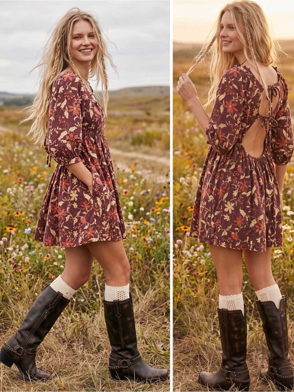 Free People NWT Lola Brown Multicolored Floral Mini Babydoll Dress Size Medium - Picture 2 of 11